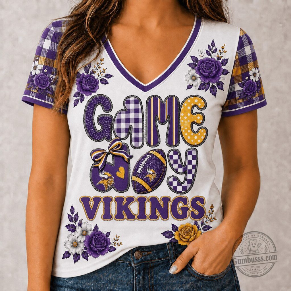 Minnesota Vikings Football Game Day Flowers V-Neck T-Shirt Minnesota Vikings Football Game Day Flowers V-Neck T-Shirt