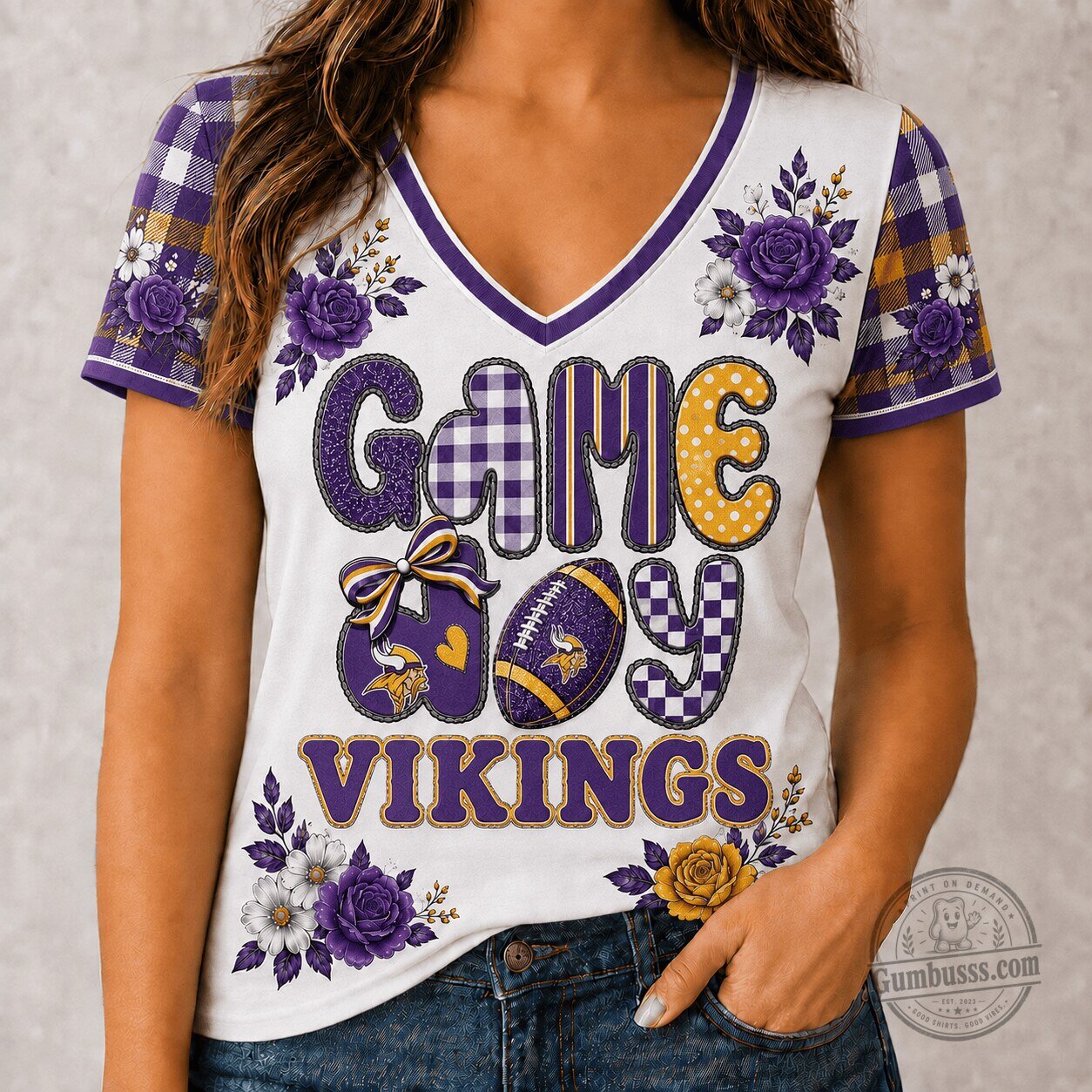 Minnesota Vikings Football Game Day Flowers V-Neck T-Shirt